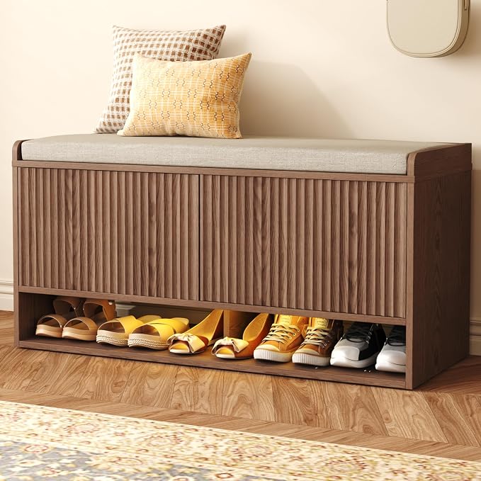 HOMEFORT 39.4" Fluted Shoe Storage Bench, Entryway Bench with Linen Seat Cushion, Shoe Cabinet Bench with Adjustable Shelf and Built-in LED Sensor Light, Bench for Bedroom End of Bed,Walnut - Image 9