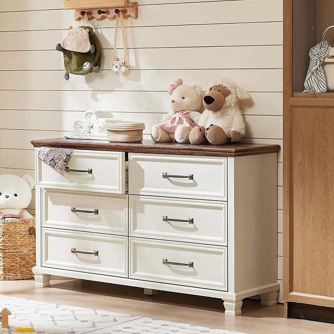 SAVOR LIFE Farmhouse White 6 Drawer Dresser for Bedroom, 54 inch Wide Vintage Large Chest of Drawers with Square Wood Legs, Rustic TV Console for Living Room, Wooden Storage Closet Dressers for Home - Image 9