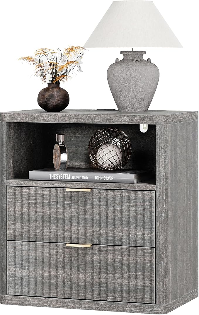 Fluted Nightstand Set of 2 with 2 Drawers Bed Side Table Wide End Table Modern Night Stands with Large Storage Charging Station Mid Century for Bedroom Living Room Office,Gray 2 - Image 9