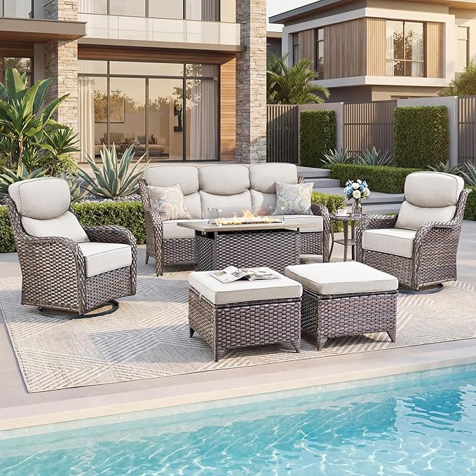 Luxury Patio Furniture Set with 6-inch Thick Cushion, Outdoor Furniture with Fire Pit Table, Swivel Chairs, Sofa, Side Table, Ottomans, 7pcs Wicker Conversation Set for Deck Yard and Poolside(Beige)