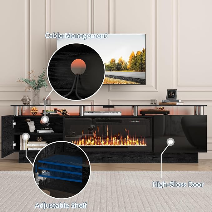 PUKAMI 80" Fireplace TV Stand with 36" Electric Fireplace, LED Light Entertainment Center with Storage, 2 Tier Modern Wood Media TV Console with Highlight Cabinet for Living Room, Black - Image 8