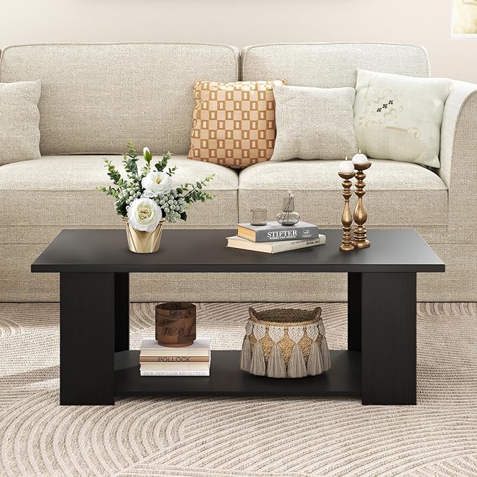 GOFLAME Coffee Table with Storage, Modern Center Table for Small Space, Accent Tea Tables for Living Room, Reception Room, Dining Room, Easy Assembly, Black