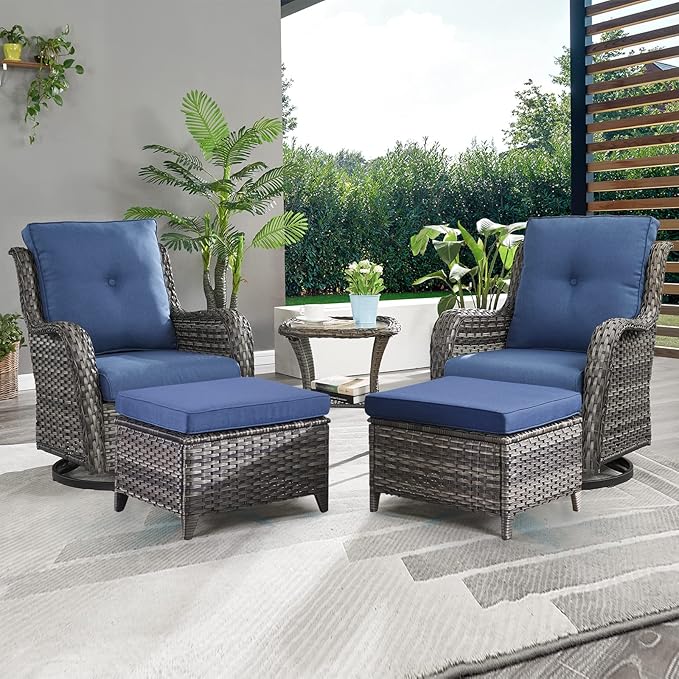 Rilyson Wicker Patio Furniture Set - 5 Piece Rattan Outdoor Sectional Conversation Sets with 2 Swivel Rocking Chairs,2 Ottomans and 1 Side Table for Porch Deck Garden(Mixed Grey/Blue)