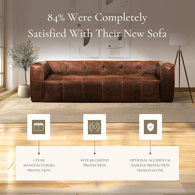 POLY & BARK Capa 96.5" Sofa – Chocolate Brown Full-Grain Pure-Aniline Italian Leather, Boxy Modern Design, Feather-Fiber Cushions, Solid Wood Frame