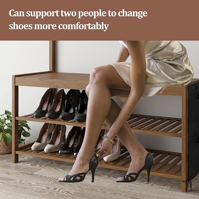AMBIRD Hall Tree with bench and shoe storage, Entryway Bench with shoe storage, 6-in-1 Coat Rack with Cloth Bag and14 Coat Hooks, Sturdy Bamboo Frame, Large Size, Brown 39 * 15 * 70 Inches - Image 7