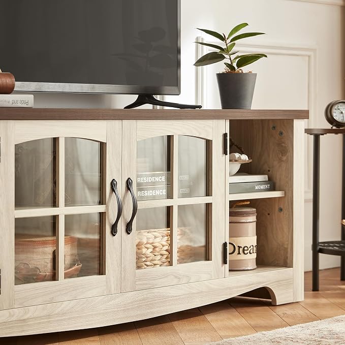 LINSY HOME TV Stand for 75 Inch TV, Modern Farmhouse Entertainment Center with Storage Cabinets and Glass Doors, Tall Media Console Table for Living Room, Bedroom, Large Long Television Stand, Beige - Image 8