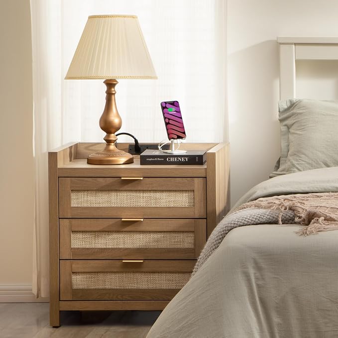 SICOTAS Larger Rattan Night Stand - Tall Nightstands with Type-C Charging Station, 3 Rattan Drawers, Boho Bedside Table End Table with Storage for Bedroom Sofa Couch Office - Oak - Image 9