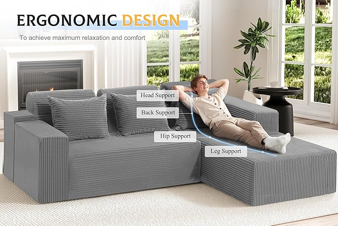 Homguava Modular Sectional Couches for Living Room,105" Cloud Couch with L-Shape Chaise,Comfy Sofa Living Room Sofas with Deep Seat,No Assembly L Couch,Corduroy Fabric(Light Grey,R)
