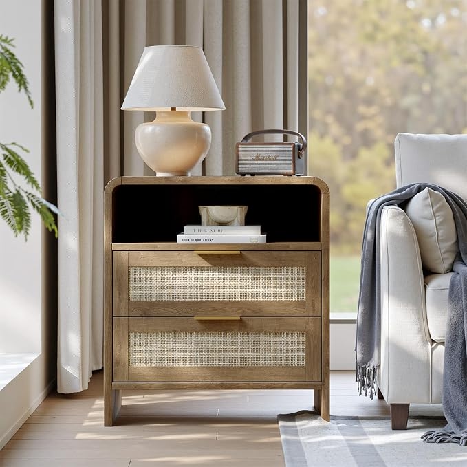 Evermagin Rattan Nightstand Set of 2 with Charging Station, 23" Large Caramel Night Stand with 2 Rattan Drawers, Boho Bedside Table Tall End Table with Outlet for Bedroom - Image 8