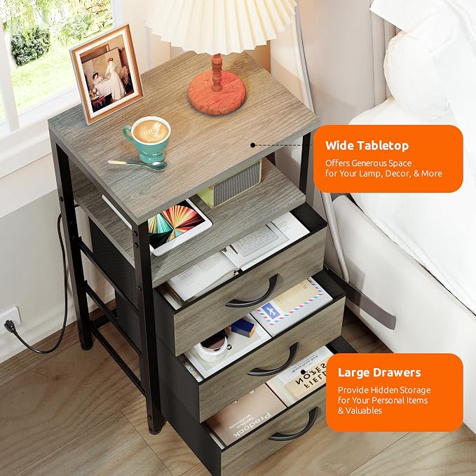 Lazzanto NightStand Bedside Charging Table Bedroom - Night Stand with Charger Station, Modern Nightstand with Open Shelf & 3 Fabric Drawers, End Table with USB-C USB Ports & AC Outlets for Dorm, Grey - Image 8