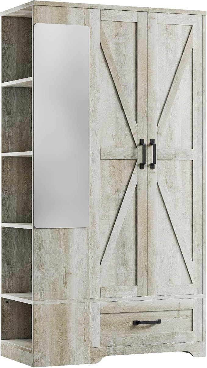 LIKIMIO Armoire Wardrobe Closet 70 Inches, Large Storage with Mirror, 2 Doors, Drawer, and Shelves, Modern Bedroom Freestanding Wooden Wardrobe Combination with Hanging Rail, Rustic Maple