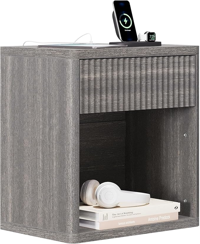 Fluted Nightstand Set of 2 with Drawer Bed Side Table Wide End Table Modern Night Stands with Large Storage Charging Station Mid Century for Bedroom Living Room Office,Gray 2 - Image 9