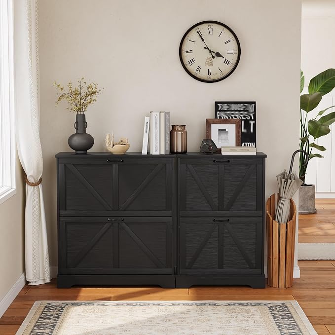 Semiocthome Farmhouse Shoe Storage Cabinet with 2 Flip Drawers, 23.6"(W) Freestanding Shoe Organizer with Barn Door and Metal Handles for Entryway, Corner Rustic Narrow Shoe Rack Cabinet - Black - Image 9