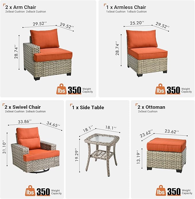 ovios 8 Piece Patio Sectional Furniture with Swivel Rocking Chairs, Rattan Wicker Coversation Set with Glowing Coffee Table, Outdoor Sofa Set for Outside Porch Balcony Backyard Pool,Orange