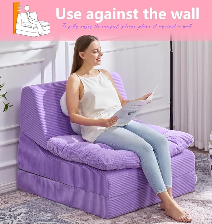 Hobestluk Sofa Couch Folding Sofa Bed Comfy Floor Lounger Convertible Sofa with Removable Cushion Couches for Small Spaces Foldable Mattress for Living Room Bedroom or Office (Cordury Purple, Large)