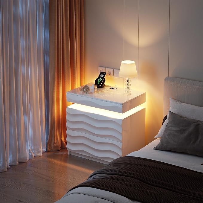 Night Stand with Gun Drawer - 23.6" Extra Wide LED 2 - Drawer Nightstand with Hidden Storage Human Sensor Light - Charging Bedside End Table with USB & Type-C Port for Bedroom, White - Image 7