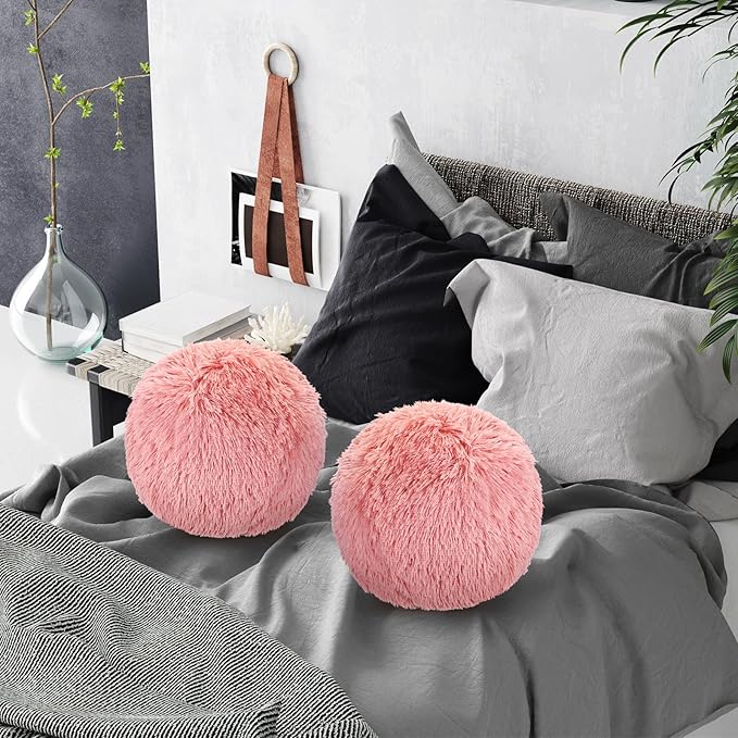 2 Pack Plush Round Ball Throw Pillow 10 Inch Nordic Soft Boucle Pillows Spherical Fuzzy Pillows Circle for Couch Sofa Bed Bedroom Living Room Office School Chair Decorations(Pink)