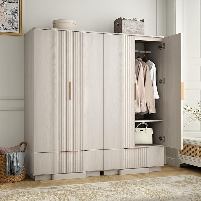 Yechen 67" Fluted Armoire Wardrobe Closet Set of 3 with Doors and Drawer, Wooden Wardrobe Closet Cabinet with Adjustable Shelve, Modern Small Armoires Storage Clothes, Coats for Bedroom, White, 3pcs