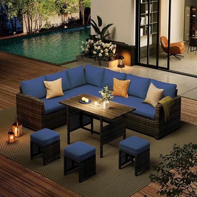 AECOJOY Outdoor Patio Furniture Set, 7 Pieces Clearance Sectional Rattan Dining Table&Chairs, All Weather Wicker Conversation Sofa Couch with Ottoman, Dark Blue Cushions&Grey Rattan