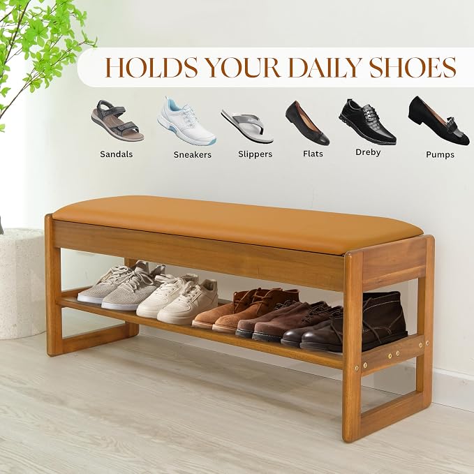 39.4" Large Size Acacia Wood Entryway Shoe Rack Bench with Cushion, 2-Tier Flip-Top Hidden Storage for Hallway, Living Room (Color Peru) - Image 7
