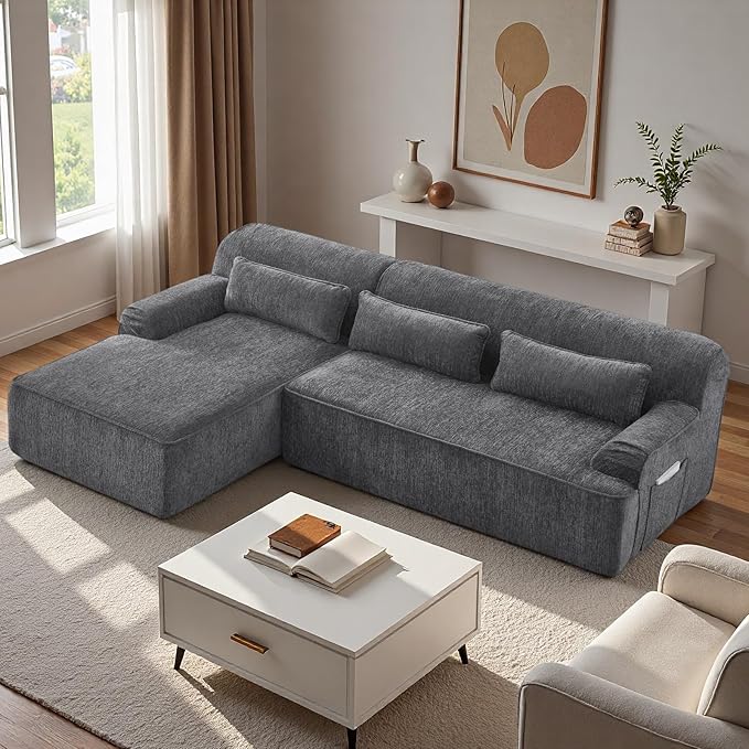 L-Shaped Sectional Sofa, Luxury Upholstered Chenille 3-Seater Sofa with Left Chaise Lounge & 3 Lumbar Pillows, Modern Comfy Oversized Couch with Side Pocket for Living Room, Apartment, Grey