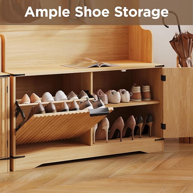 Maupvit Farmhouse Hall Tree with Bench and Shoe Storage, 4 Coat Rack with Shoe Storage Cabinet, 5-in-1 Entryway Organizer with Led Lights, Adjustable Shelves & Flip Drawers, Mudroom Seat Stool, Oak - Image 6