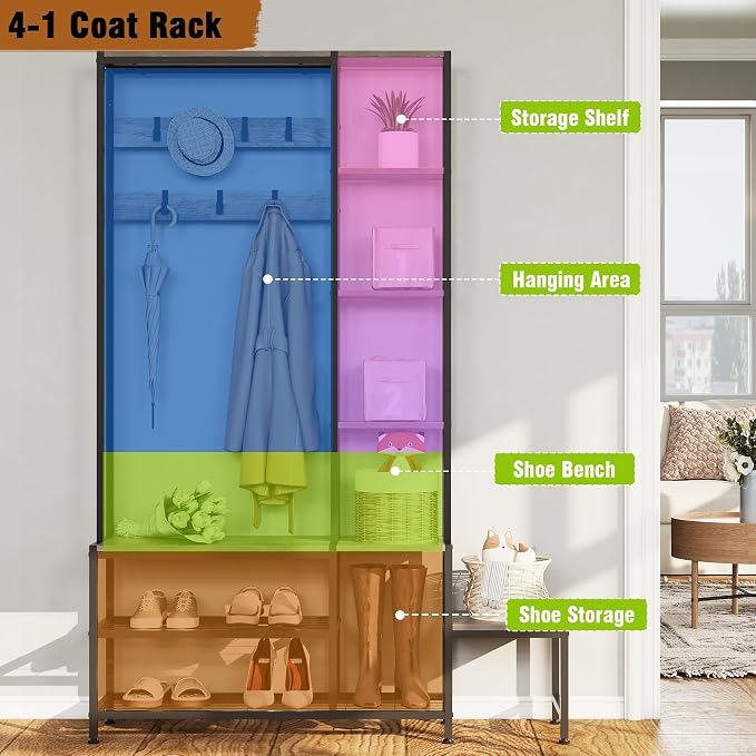 Espelism Hall Tree with Shoe Storage Bench Coat Rack with 7 Hooks Interchangeable 4 Tier Side Storage Shelves Small Cute Side Bench Industrial 5-in-1 Entryway Coat Rack for Hallway Mudroom Bedroom - Image 8
