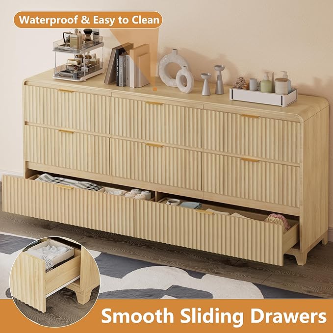 3 Piece Bedroom Furniture Set 8 Drawer Fluted Dresser & 2 Nightstand Sets with Metal Handle, Charging Station & Storage Cabinet, Modern Design for Bedroom/Living Room, Natural