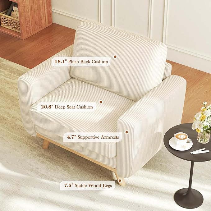 38.5" Beige Corduroy Accent Chair, Comfy Deep Seat Armchair with Spring Cushion, Modern Reading Sofa for Living Room Bedroom