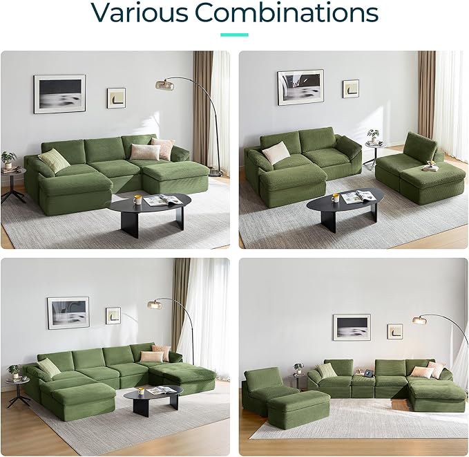 LINSY HOME 139" Modular Couch Modern Boneless Cloud Couch, U Shaped Sofa with Movable Ottomans, Deep Seat Corduroy Sectional Couches for Living Room, Apartment, No Assembly Required, Green