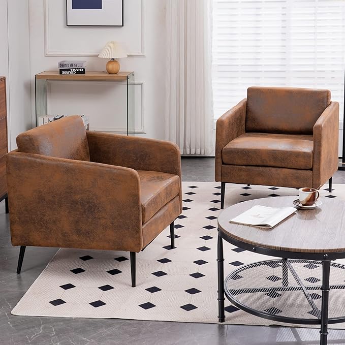 Karl home Mid-Century Accent Chair Retro Club Chair Bronzing Cloth Living Room Chair with Metal Legs for Bedroom/Office/Cafe,Cozy Armchair,Brown