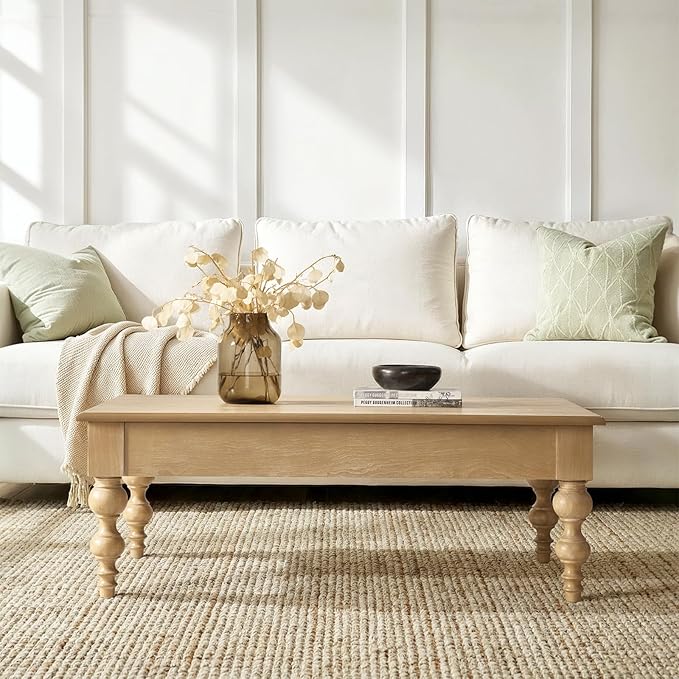 HULALA HOME Coffee Table Lift Top with Storage, Gourd-Shaped Legs, Wood Convertible Table for Living Room, Natural