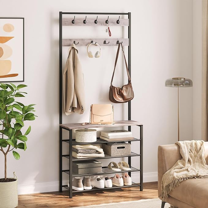 HOOBRO Hall Tree, Coat Rack with Shoe Rack, Hall Tree with Bench, 5 Tier Shoe Storage Organizer with 9 Hooks for Entryway, Closet, Sturdy, Industrial, Greige and Black BG80MT01G2 - Image 9