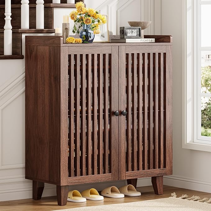 IRONCK Shoe Cabinet with Slatted Doors, 6-Tier Shoe Storage Cabinet with Adjustable Shelves, Wooden Shoe Rack Organizer for Entryway, Hallway, Closet, Living Room, Walnut - Image 9