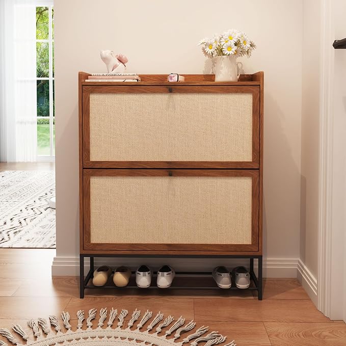 AVZEAR Narrow Shoe Storage Cabinet for Entryway with 2 Flip Drawers, Freestanding Shoe Cabinet with Natural Linen Panel, Slim Wood Shoe Organizer Closed Shoe Rack for Hallway, Foyer(Walnut) - Image 9
