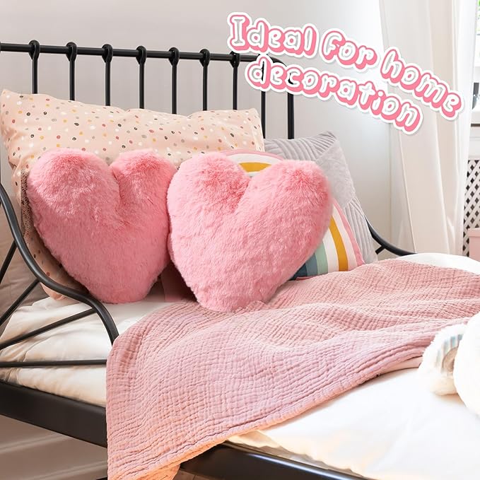 Marsui 2 Pcs Heart Throw Pillows, Soft Fluffy Faux Fur Decorative Hearts Shaped Pillows for Living Room Sofa Bed, Cute Heart Themed Gift for Women(Shrimp Pink,11.81 x 11.02 Inch)