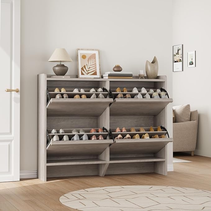 GarveeHome Shoe Cabinet with 4 Flip Drawers, Wooden Shoe Organizer Cabinet with Adjustable Shelf, Shoe Storage for Entryway, Hidden Shoe Cabinet for Hallway, Living Room, Grey - Image 7