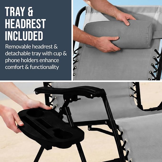 Best Choice Products Set of 2 Extra Wide Adjustable Steel Mesh Zero Gravity Lounge Chair Recliners w/Pillows and Cup Holder Trays - Ice Gray - Image 8