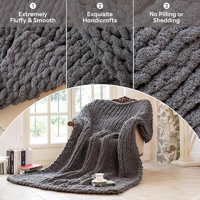 Chunky Knit Blanket - Luxury Soft Cozy 40 * 50 Throw Blanket,100% Woven Blanket Rope Knot Throw Blanket for Couch, Sofa, Home Decor, Gift - Machine Washable (Black Gray, 40 * 50)