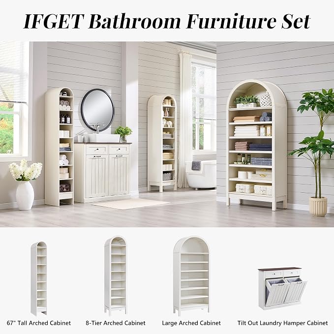 IFGET 71" Tall Arched Shoe Storage Cabinet, 8 Tiers 16 Pairs Wooden Shoe Rack with 3 Adjustable Shelves, Freestanding Shoe Closet Shelf Organizer for Entryway, Hallway, Living Room, Antique White - Image 6