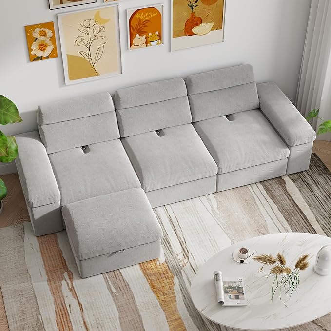 Rovibek Modular Sectional Sofa with Storage, Down Filled L Shaped Couch with Adjustable Backrest, Couches for Living Room, Home Theater and Apartment, Grey