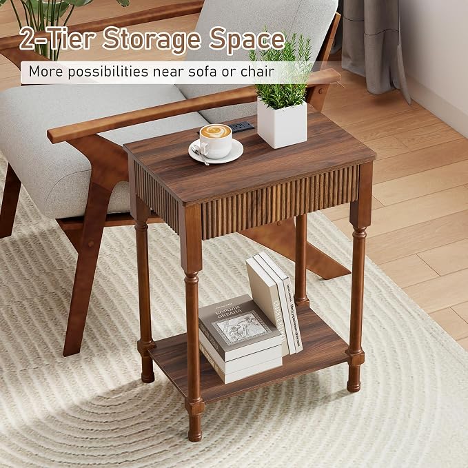 Night Stand Set of 2,Fluted Nightstand with Charging Station, 23.6” Large Bed Side Table End Table with Drawer,Modern Mid Century Wooden Night Stands Bedside for Bedroom Living Room Sofa Office,Walnut - Image 9