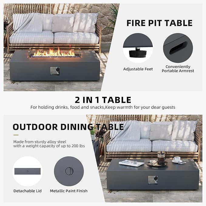 UPHA 9 Pieces Patio Furniture Sets, Wicker Outdoor Sectional Sofa Couch with Rectangle Propane Pit for Deck Backyard Garden, Brown Rattan, Navy Blue Cushion