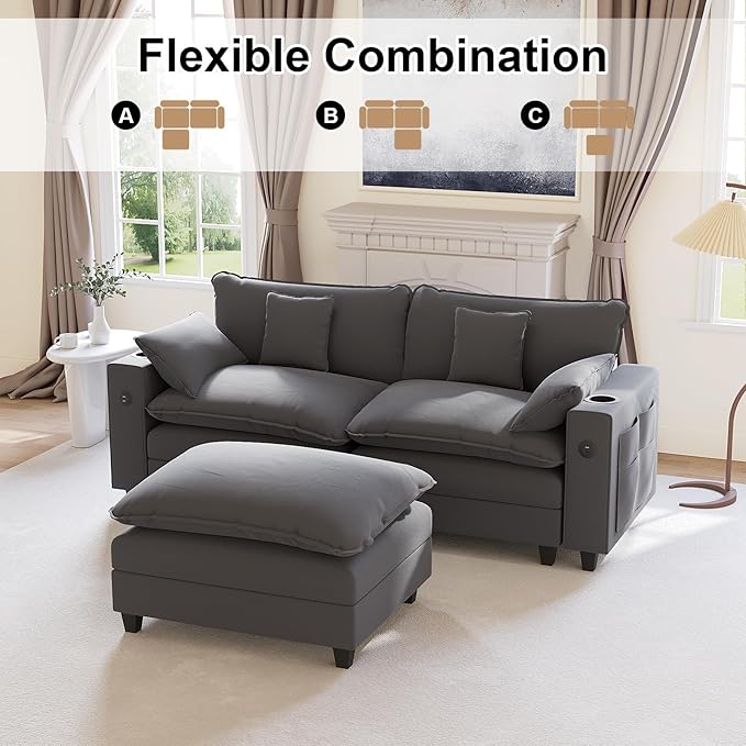 80.7" Modular Sectional Couch, L Shaped Cloud Sofa with Movable Ottoman, Chenille Deep Seat Cloud Couch with Charging Station, Cup Holder, Side Pocket, Sectional Couches for Living Room, Grey