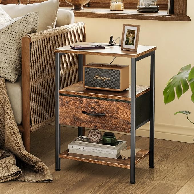 SUPERJARE Nightstand with Charging Station, Bed Side Table with Adjustable Fabric Drawer, Night Stand for Bedroom, 3-Tier Storage End Table, for Living Room, Rustic Brown - Image 9