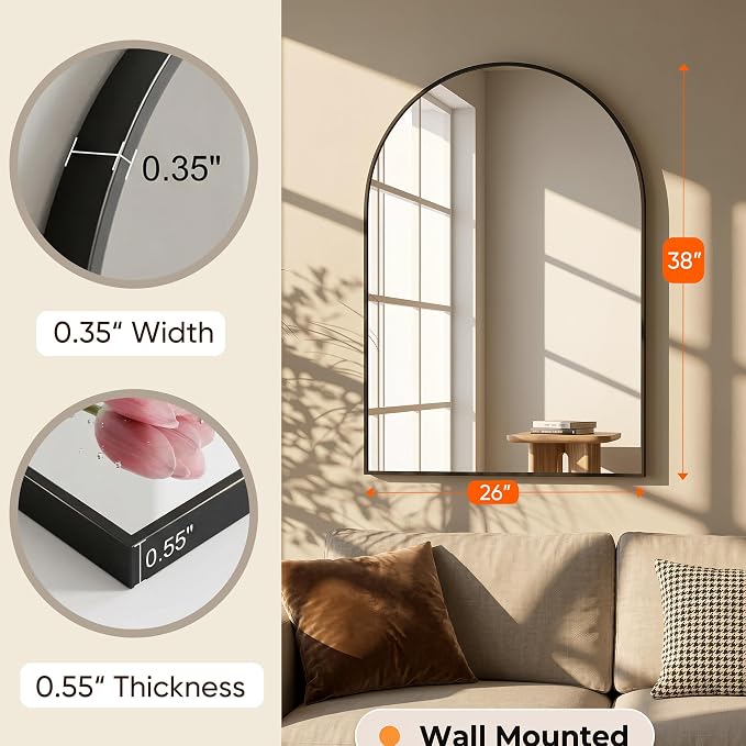 Antok Arched Bathroom Mirror, 26"x38" Wall Mounted Mirror, Vanity Mirrors for Over Sink, Aluminum Alloy Frame Bathroom Mirrors Living Room, Bedroom and Entryway, Black - Image 9