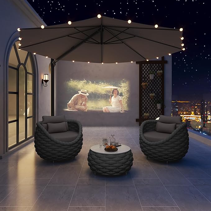 TWT Aluminum Modern Patio Set Three Seater Sofa Outdoor Furniture Set w/Coffee Table,Patio Conversation Set with Hand Woven Teslin Rope for Bedroom Backyard Poolside, Dark Grey