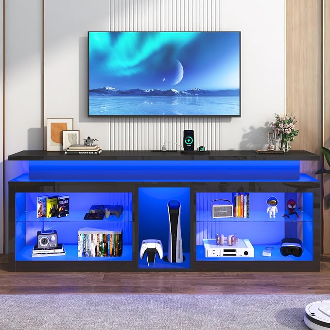 71" LED TV Stand with Power Outlet,60-Colors LED Lights For 65 70 80 in TV,High Gloss Gaming Entertainment Center w/Adjustable Shelves,Black TV Console with Modern Design for Living Room Bedroom - Image 9