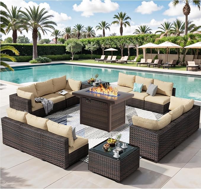 Patio Furniture Set 15 Pieces with 44" Fire Pit Table, Rattan Outdoor Sectional Conversation Sets, All Weather Outdoor Furniture Set with Cushions for Garden Lawn Balcony Porch Deck Beige