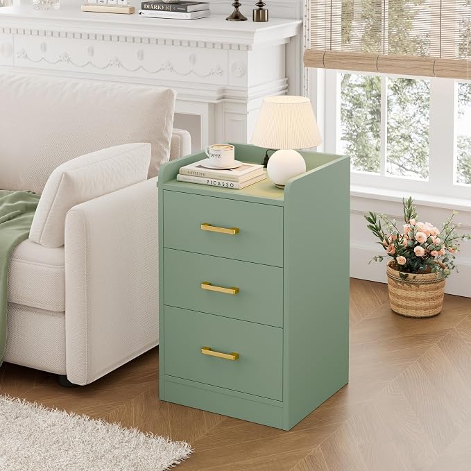 FOTOSOK Nightstands Set of 2 with Charging Station, 3 Drawer Nightstand with Gold Handles, Green Nightstand for Bedroom, Modern Design End Side Table for Home, Office - Image 8
